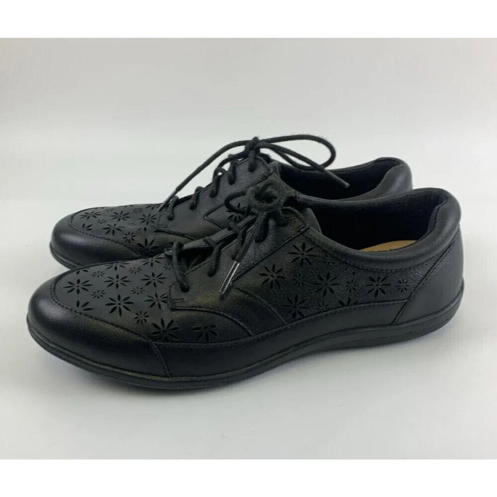 Revere Orlando Black Stretch Leather Lace Up Shoe Flat Comfort Cut Out Womens 9